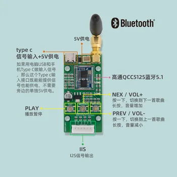 HIFI QCC5125 5.1 Bluetooth USB de tip C, intrare adaptor de bord IIS ieșire 96KHz