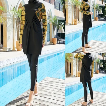 Costume de Baie musulman Femeie 2022 Burkini Cu Hijab Maneca Lunga Patchwork Print Swim Capota Modest Costume de baie Femei Islamice Înot