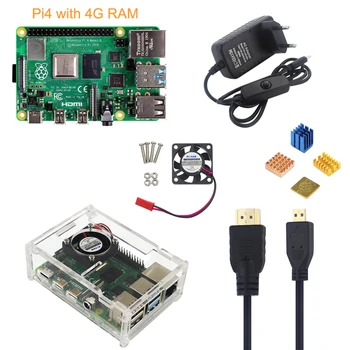 Raspberry Pi 4 Model B 4G Kit+5V 3A Adaptor de Alimentare+Acrilic Caz+Ventilator de Răcire+Cablu HMDI+radiator+ 16/32G Card SD Optional