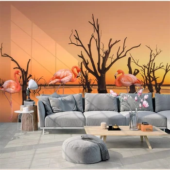 wellyu Personalizate wallpaper 3d foto picturi murale Nordic mici proaspete sunset lake copac mort flamingo garden fundal 3d papel de parede