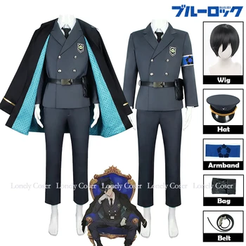 Anime Albastru De Blocare Rin Itoshi Cosplay Costum Paza Uniforme Militare Uniforme Peruca Pălărie, Cravată Punga Centura Cămașă Pantaloni Banderola
