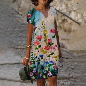 2023 Femei Rochie de Primavara-Vara de Îmbrăcăminte de Moda cu Maneci Scurte Florale Imprimate Rochii Femei Plus Dimensiune