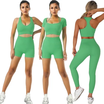 Femei Yoga Set 4 Piese Costum Întinde Bra T Shirt Pantaloni Scurți, Jambiere Pentru Sală De Sport, Jogging Sport Tinuta Activewear