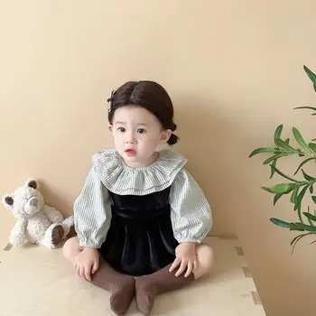 2023 Coreea de Toamna Fetita 2 BUC Haine Set Benzi de Bumbac Zburli Guler Maneca Lunga Top Suspensor Romper Suit Infant Fata Outift