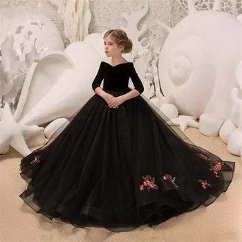 Elegant Dantela Neagra Aplicatii De Flori Girl Rochii Pentru Nunta Jumătate Mâneci Rochie De Minge Sărbătoare Prima Împărtășanie Rochii